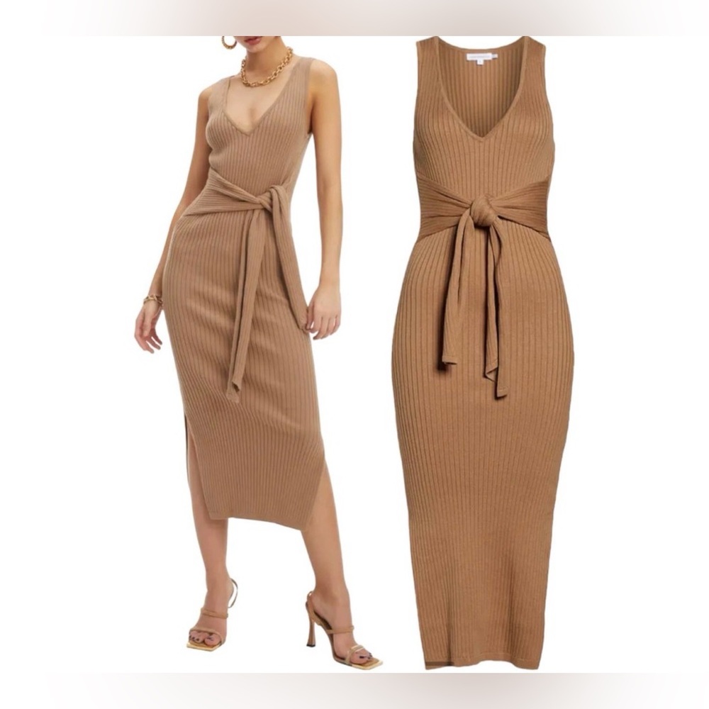 Good American sleeveless rib knit tie waist midi dress in taupe tan size 1